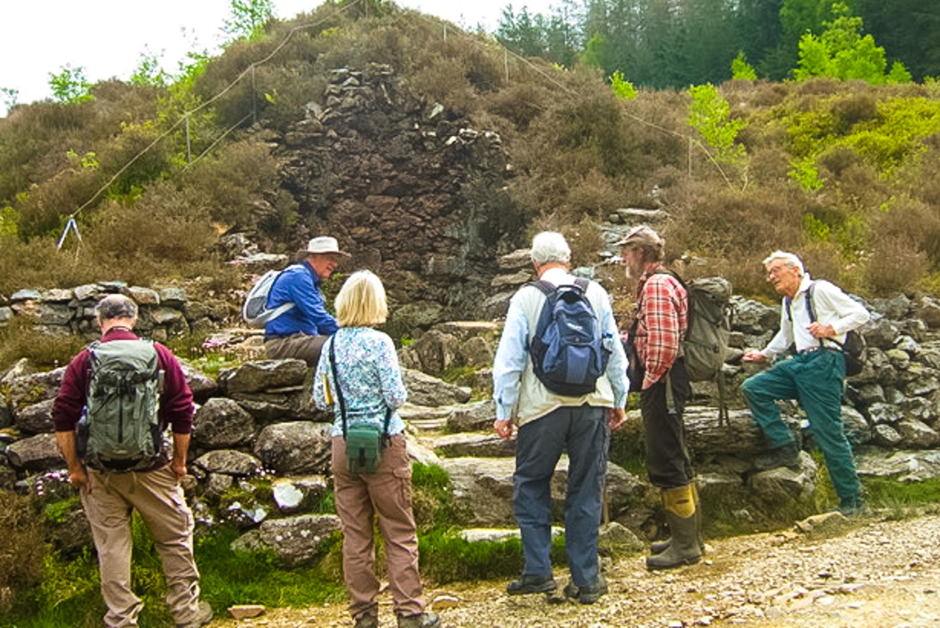 Field trip to Coed y Brenin - group discussing copper extraction from peat.