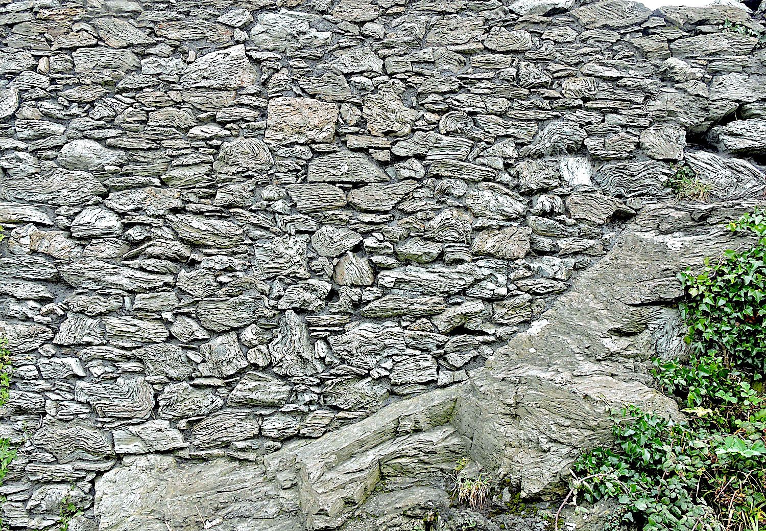 New Harbour schist in wall and bedrock